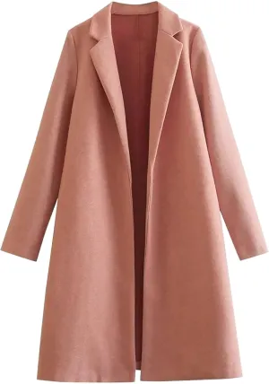 Wool Coats for Women Notched Lapel Open Front Pea Coats Winter Warm Mid Long Thicken Trench Caot Jackets Outwear