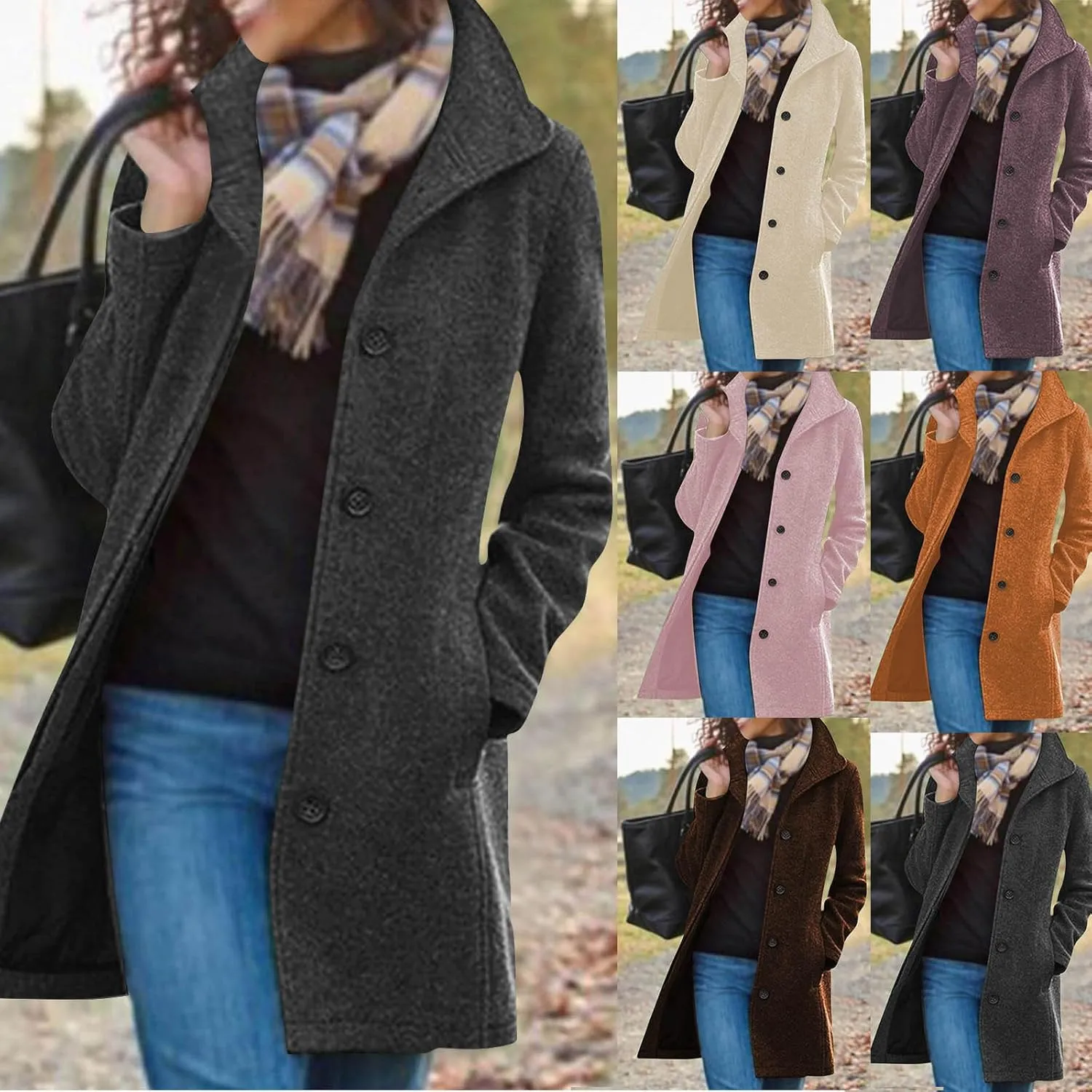 Wool Coats for Women Winter Thicken Wool Blend Pea Coat Stand Collar Single Breasted Casual Trench Coat Overcoat
