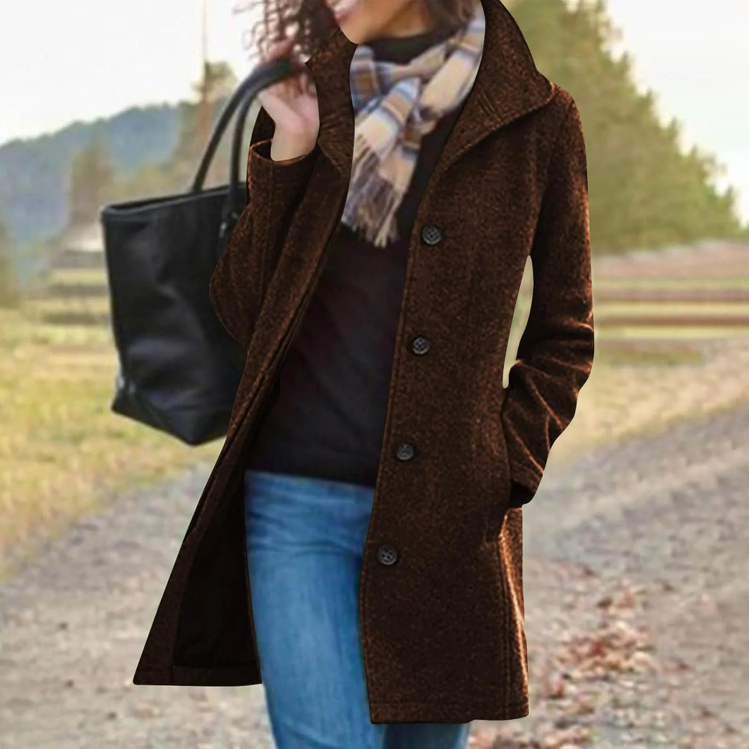 Wool Coats for Women Winter Thicken Wool Blend Pea Coat Stand Collar Single Breasted Casual Trench Coat Overcoat