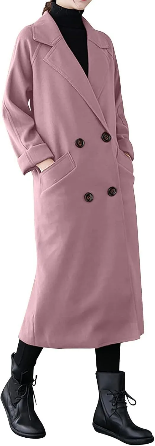 Wool Trench Coat for Women Double-Breasted Casual Work Office Jackets Winter Warm Mid-Long Overcoat With Belt