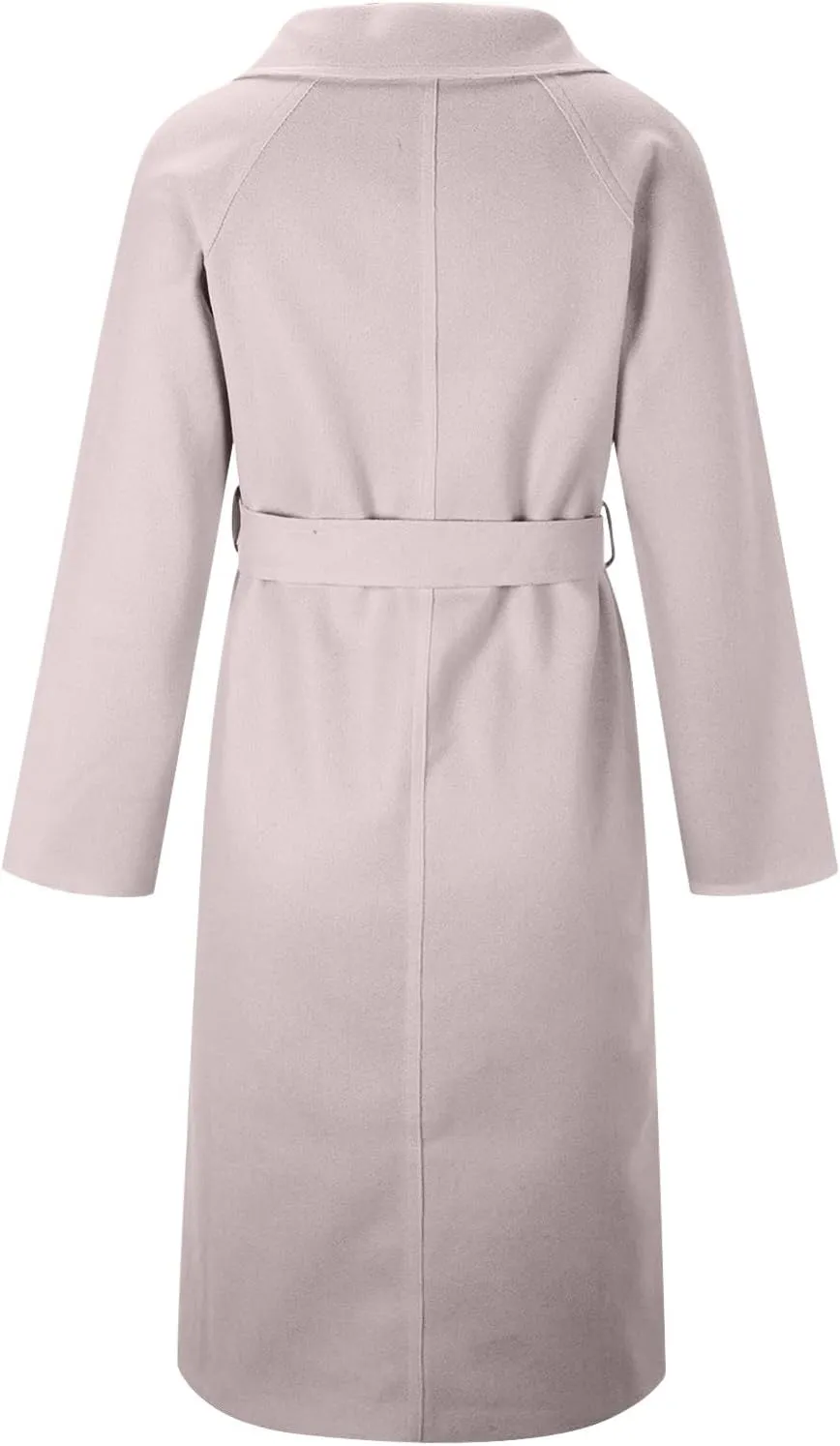 Wool Trench Coat for Women Double-Breasted Casual Work Office Jackets Winter Warm Mid-Long Overcoat With Belt