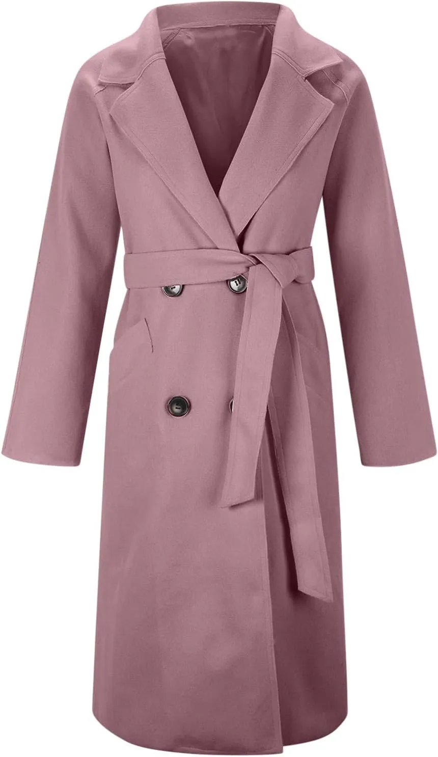 Wool Trench Coat for Women Double-Breasted Casual Work Office Jackets Winter Warm Mid-Long Overcoat With Belt