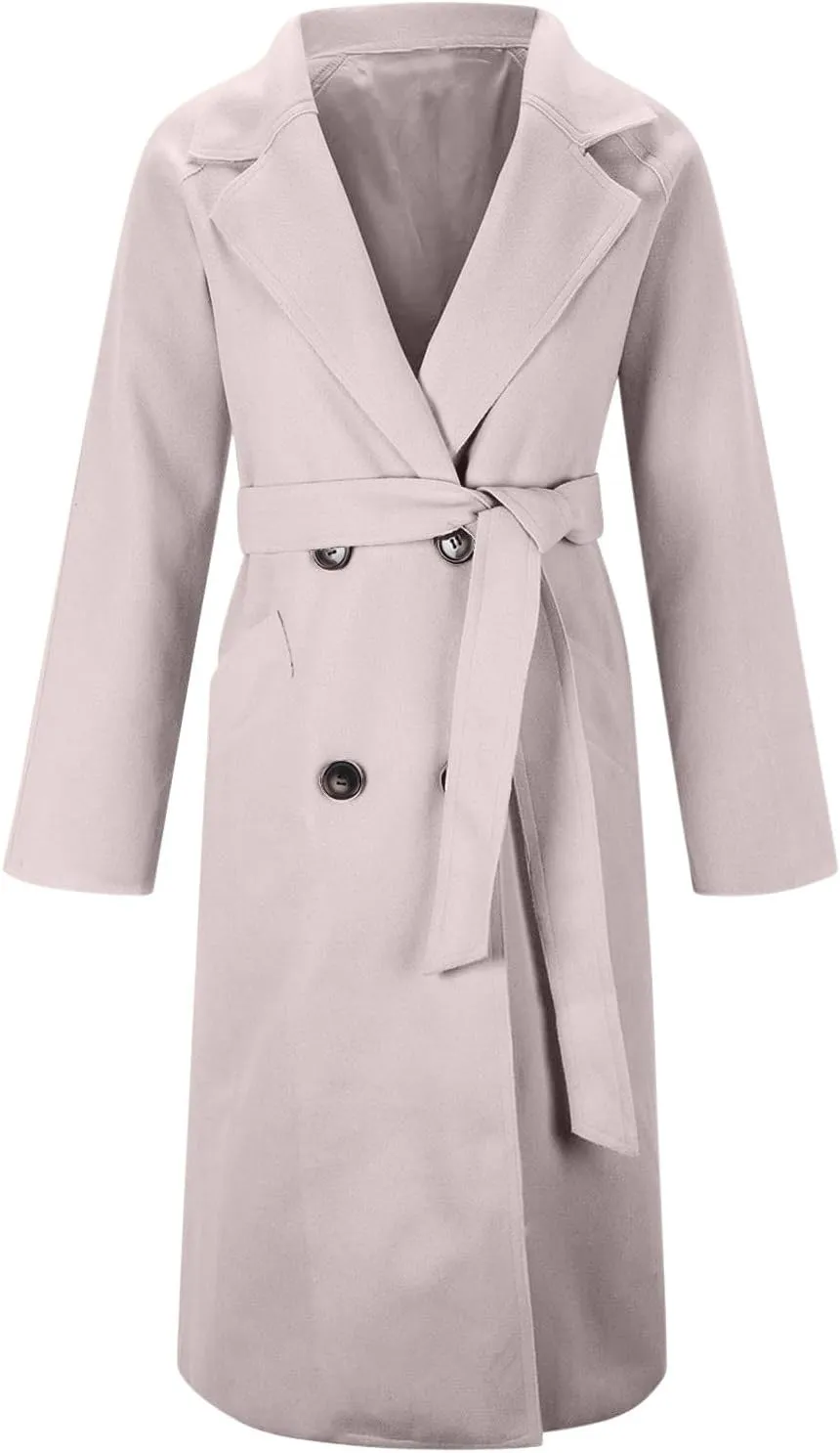 Wool Trench Coat for Women Double-Breasted Casual Work Office Jackets Winter Warm Mid-Long Overcoat With Belt