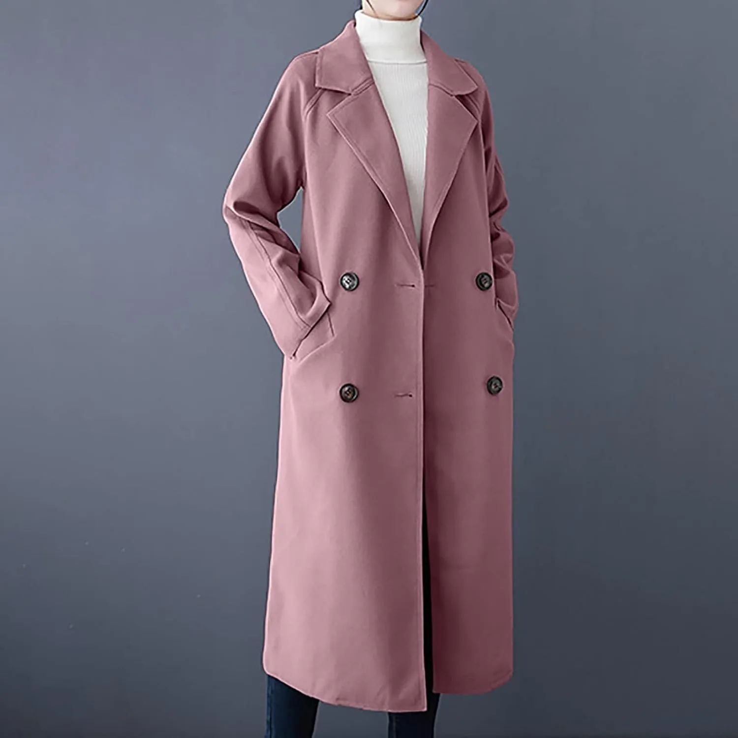 Wool Trench Coat for Women Double-Breasted Casual Work Office Jackets Winter Warm Mid-Long Overcoat With Belt