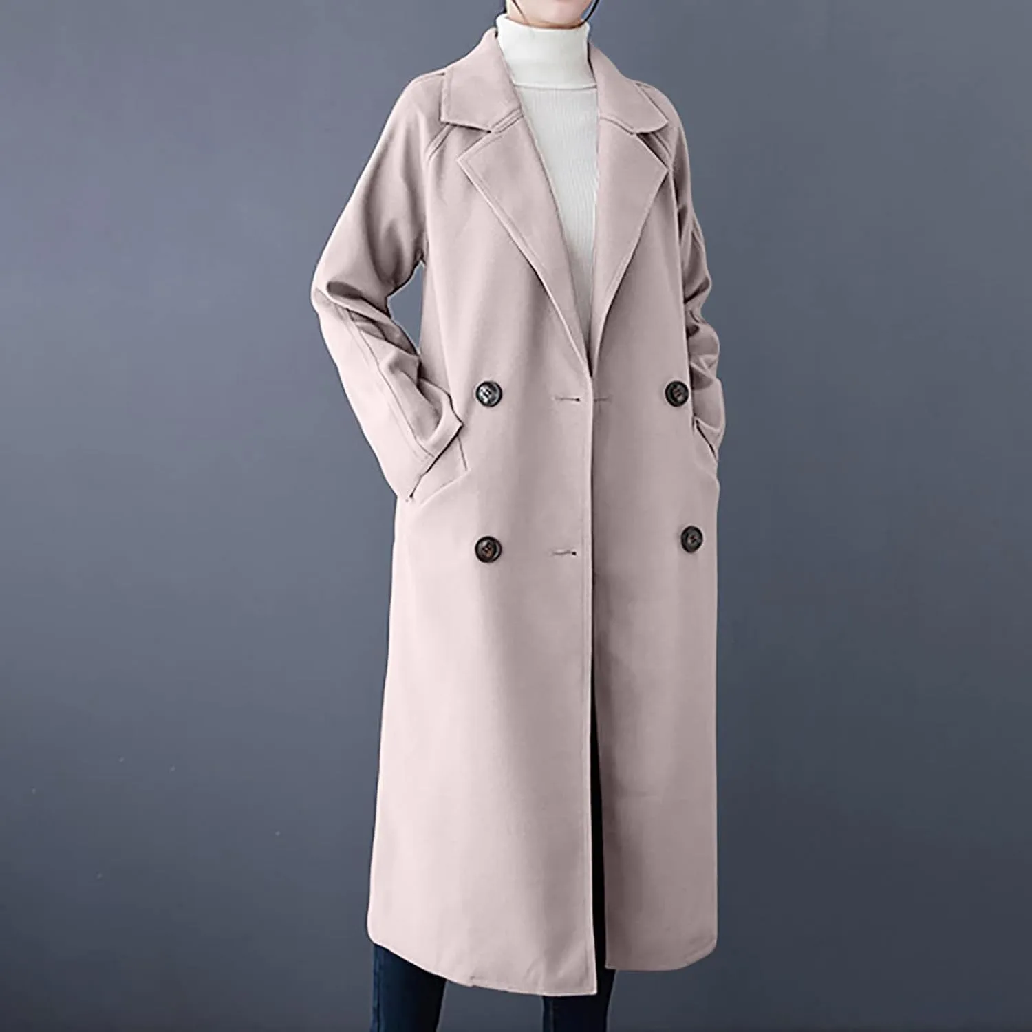 Wool Trench Coat for Women Double-Breasted Casual Work Office Jackets Winter Warm Mid-Long Overcoat With Belt