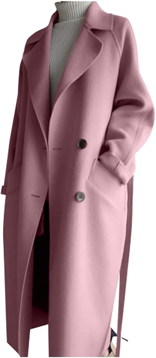 Wool Trench Coat for Women Double-Breasted Casual Work Office Jackets Winter Warm Mid-Long Overcoat With Belt