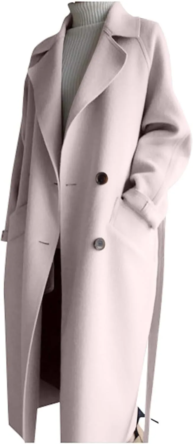 Wool Trench Coat for Women Double-Breasted Casual Work Office Jackets Winter Warm Mid-Long Overcoat With Belt