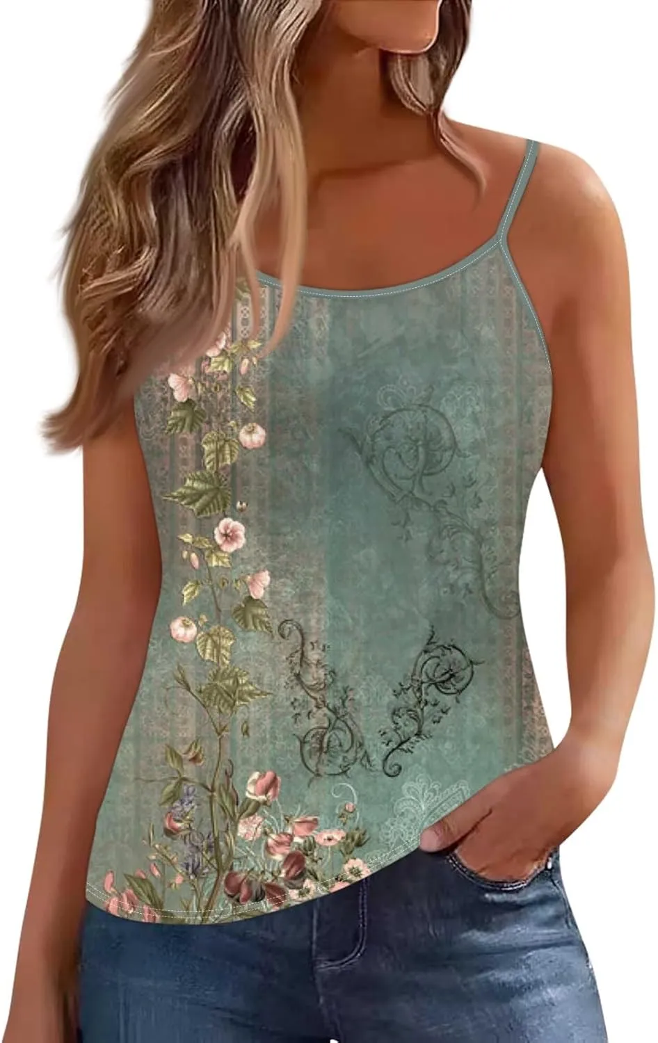 Workout Tank Tops Woman Spaghetti Strap Summer Vest Tops for Women Plus Size Floral Sleeveless Scoop Neck Athletic Graphic Cami Sexy Tank Camisole Cotton Y2K Floral Cute Tankini Green L