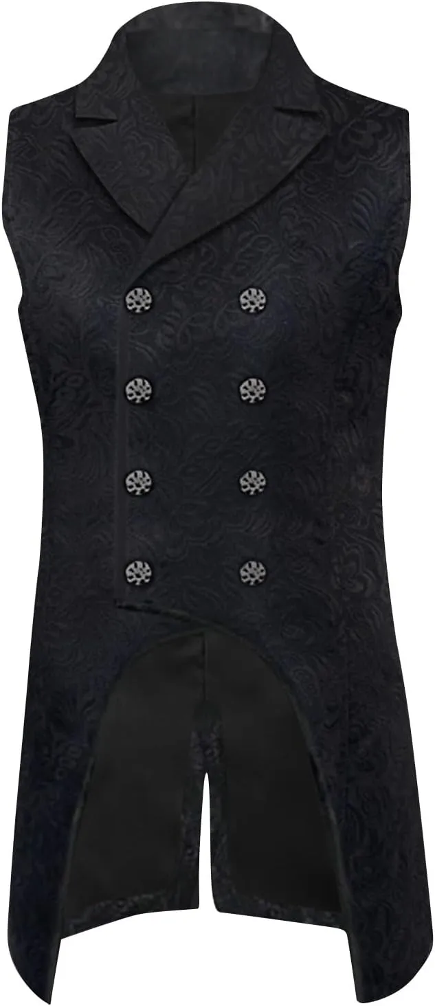 Xiaojmake Mens Gothic Steampunk Vest Double Breasted Jacquard Brocade Vest Swallowtail Waistcoat Medieval Sleeveless Tailcoat