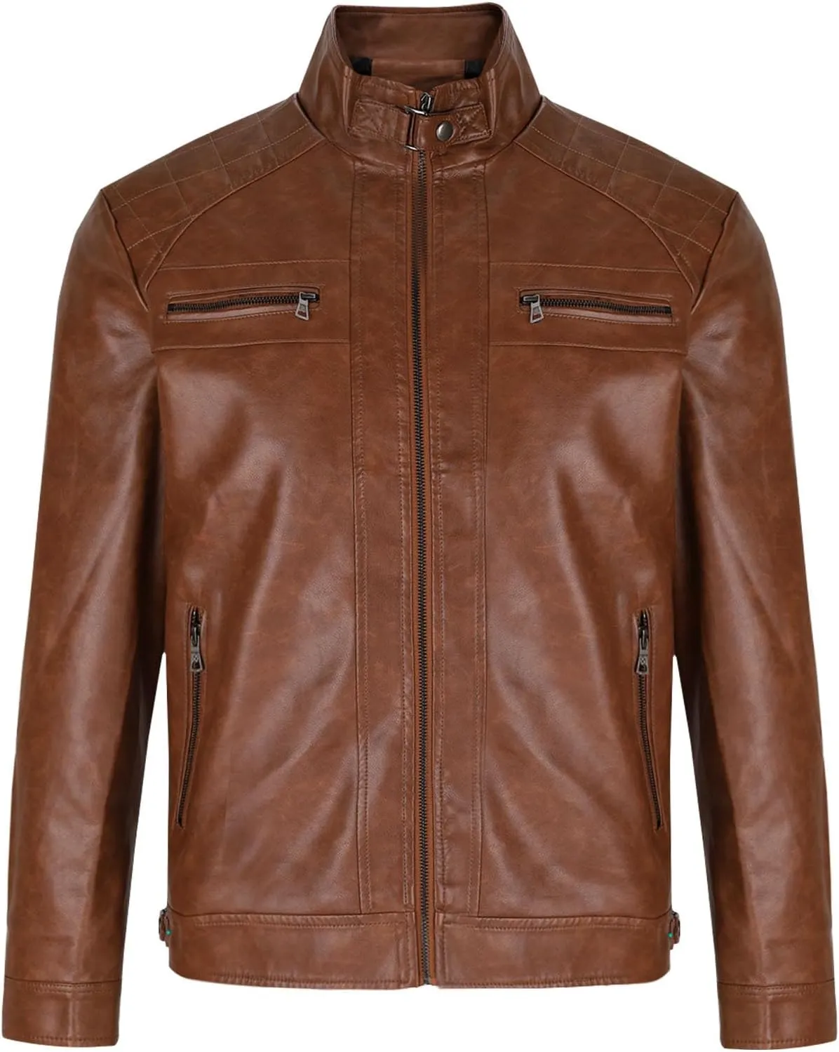 Xiaojmake Mens Stand Collar Leather Jacket Retro Cafe Racer Style Motorcycle Jacket Outerwear Quilted Coat with Zipper Pocket