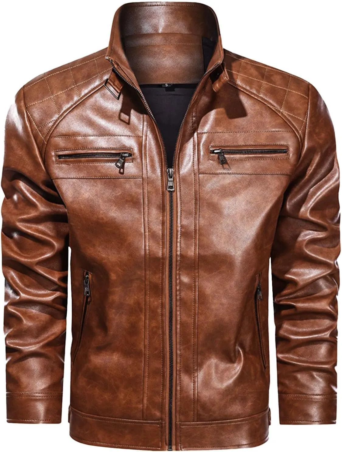 Xiaojmake Mens Stand Collar Leather Jacket Retro Cafe Racer Style Motorcycle Jacket Outerwear Quilted Coat with Zipper Pocket
