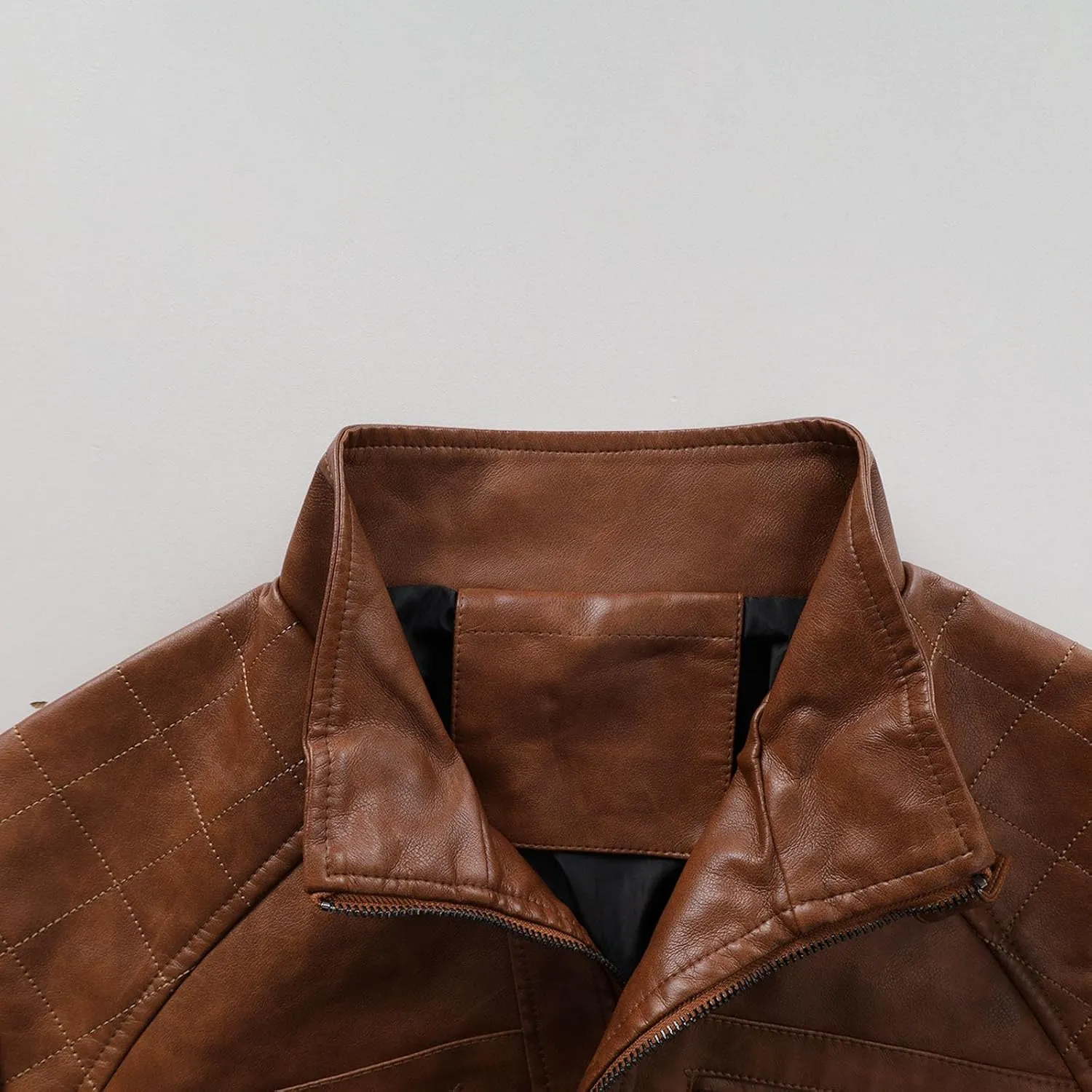 Xiaojmake Mens Stand Collar Leather Jacket Retro Cafe Racer Style Motorcycle Jacket Outerwear Quilted Coat with Zipper Pocket