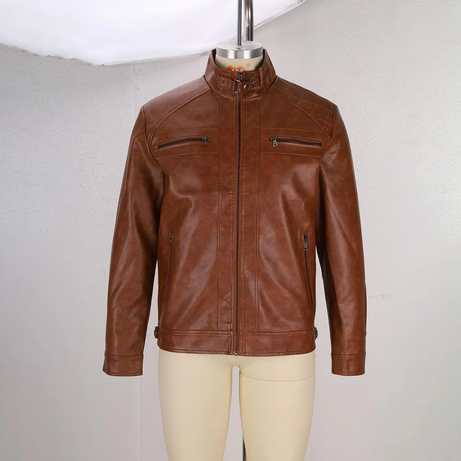 Xiaojmake Mens Stand Collar Leather Jacket Retro Cafe Racer Style Motorcycle Jacket Outerwear Quilted Coat with Zipper Pocket
