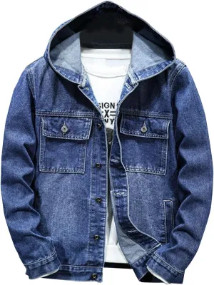 yardsong Mens Denim Jacket with Hood Distressed Button Down Jean Hoodie Long Sleeve Casual Trucker Coats with Pockets