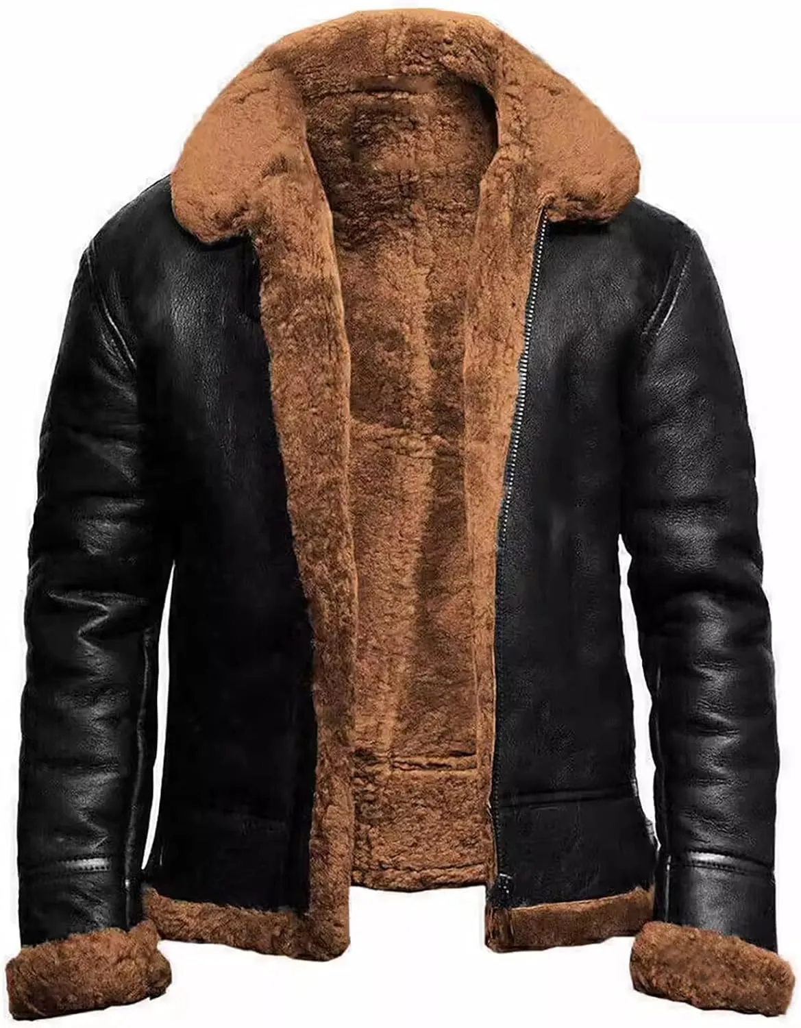 yardsong Men's Faux Leather Jacket Winter Warm Faux FUT Lined Coats Big and Tall Fashion Zip Up Motorcycle Outerwear