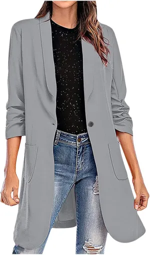 YRAETENM Blazers for Women Casual Ruched 3/4 Sleeve Lapel Collar Long Blazers Oversized Open Front Button Work Office Jackets