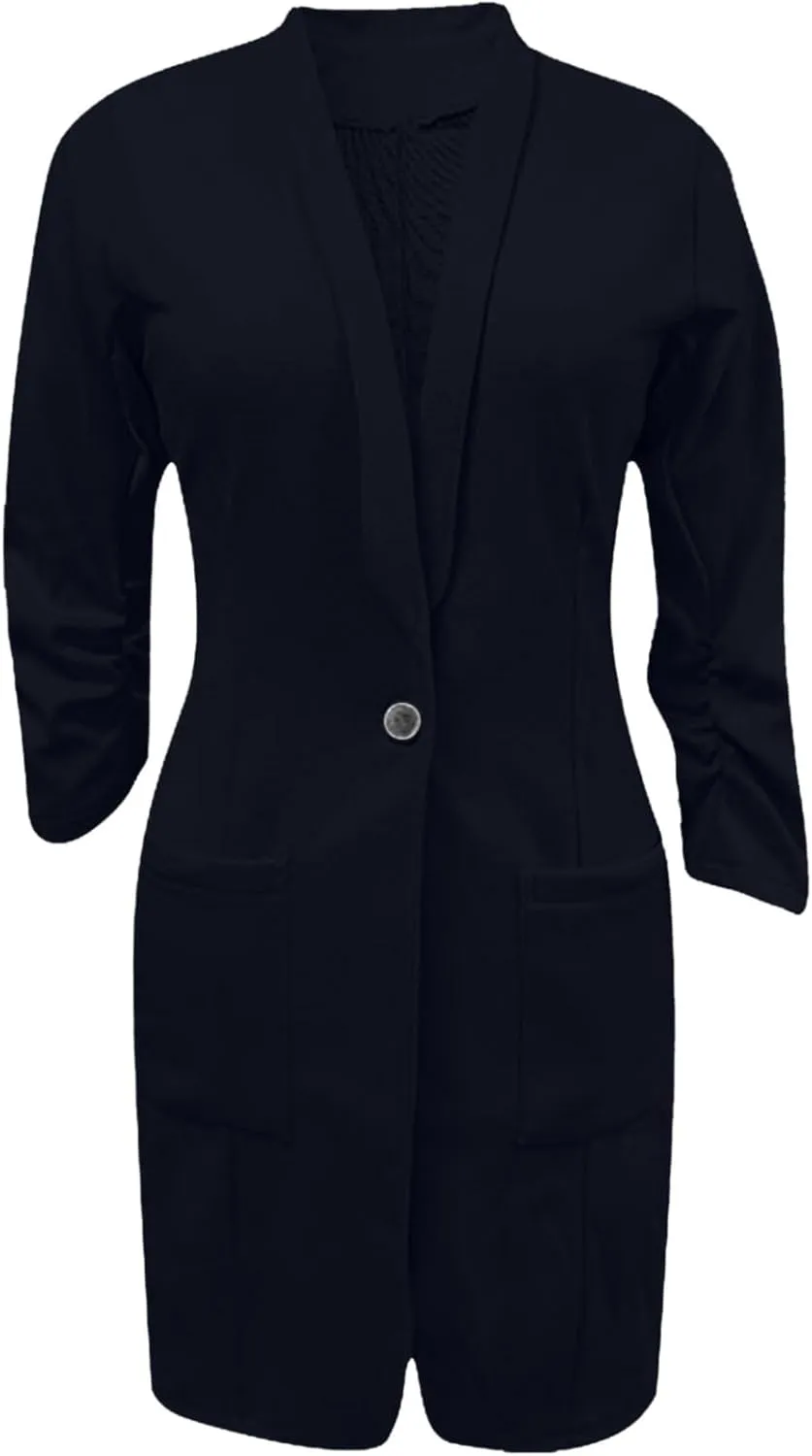 YRAETENM Blazers for Women Casual Ruched 3/4 Sleeve Lapel Collar Long Blazers Oversized Open Front Button Work Office Jackets