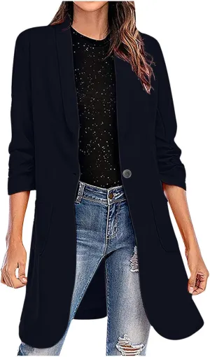 YRAETENM Blazers for Women Casual Ruched 3/4 Sleeve Lapel Collar Long Blazers Oversized Open Front Button Work Office Jackets