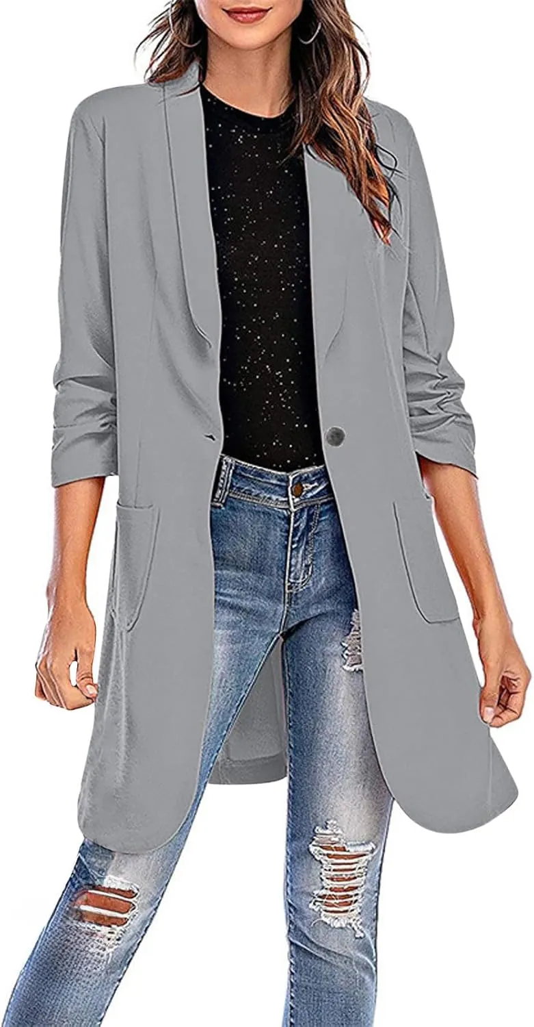 YRAETENM Blazers for Women Casual Ruched 3/4 Sleeve Lapel Collar Long Blazers Oversized Open Front Button Work Office Jackets