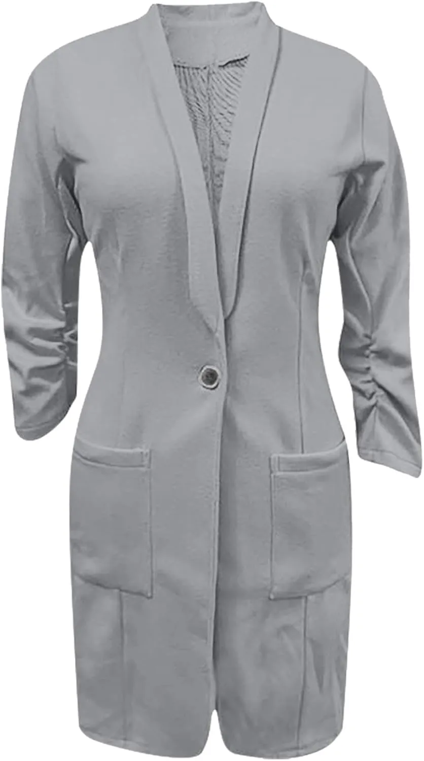 YRAETENM Blazers for Women Casual Ruched 3/4 Sleeve Lapel Collar Long Blazers Oversized Open Front Button Work Office Jackets