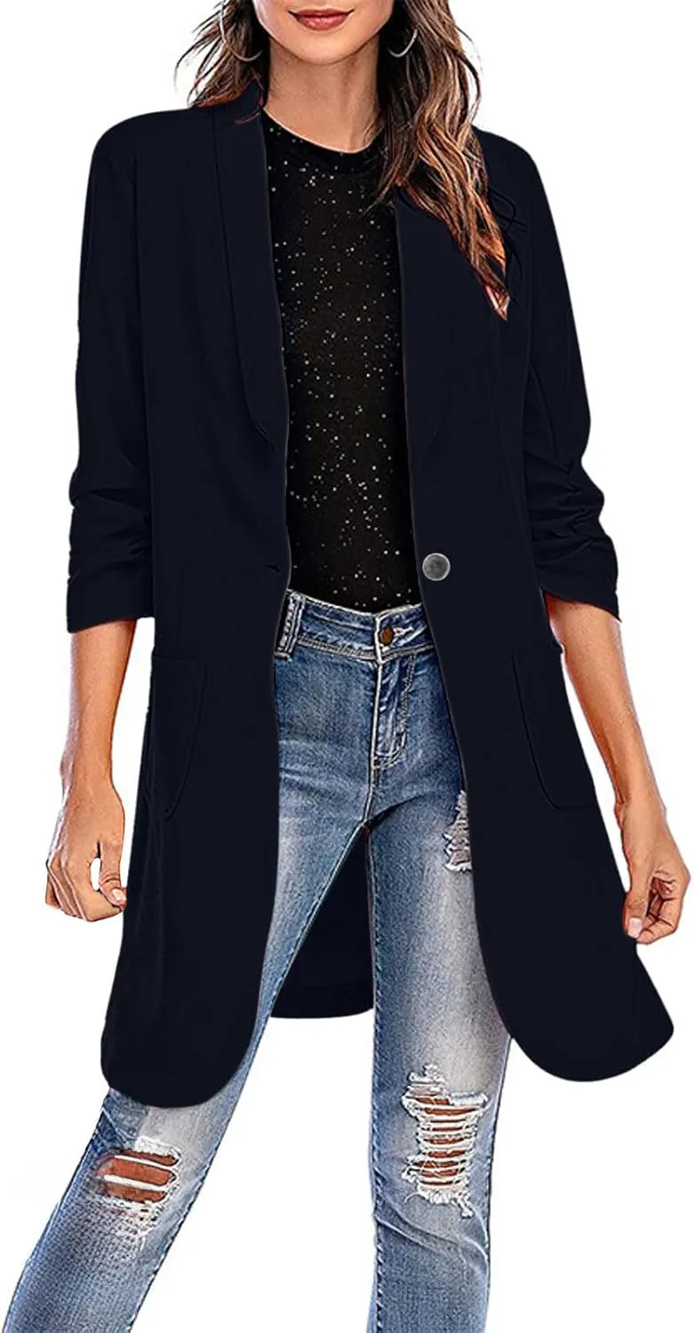 YRAETENM Blazers for Women Casual Ruched 3/4 Sleeve Lapel Collar Long Blazers Oversized Open Front Button Work Office Jackets