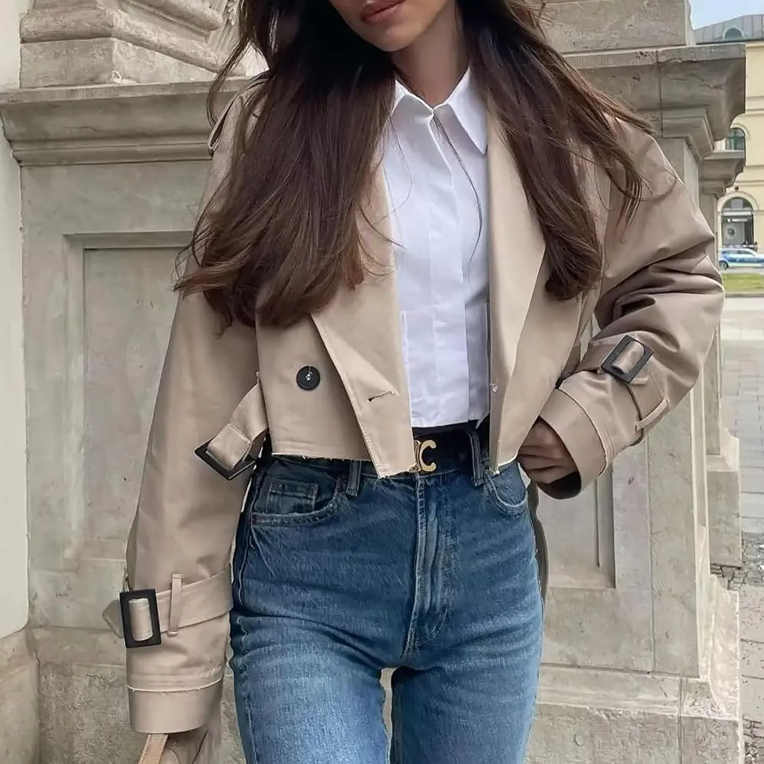 YRAETENM Cropped Trench Coat for Women Lightweight Lapel Double Breasted Short Jacket Belted Long Sleeve Fall Fashion Outwear