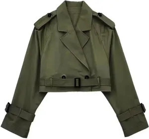 YRAETENM Cropped Trench Coat for Women Lightweight Lapel Double Breasted Short Jacket Belted Long Sleeve Fall Fashion Outwear