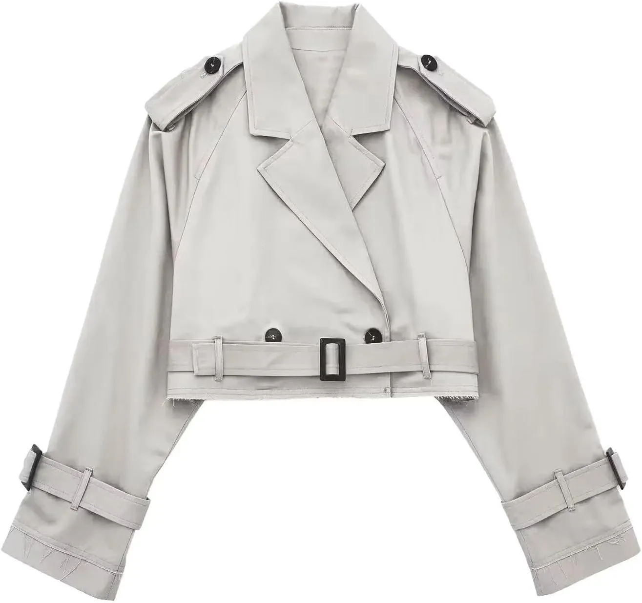 YRAETENM Cropped Trench Coat for Women Lightweight Lapel Double Breasted Short Jacket Belted Long Sleeve Fall Fashion Outwear