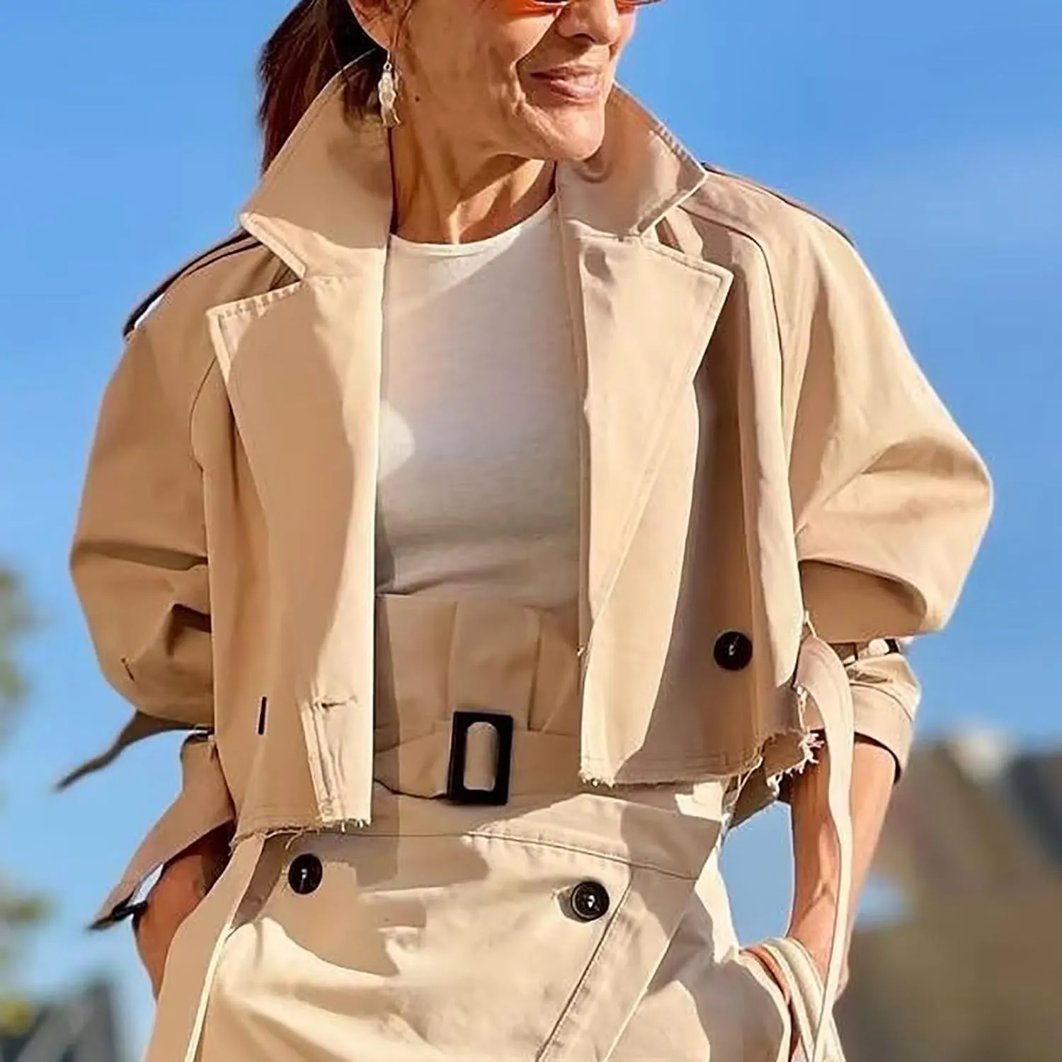 YRAETENM Cropped Trench Coat for Women Lightweight Lapel Double Breasted Short Jacket Belted Long Sleeve Fall Fashion Outwear