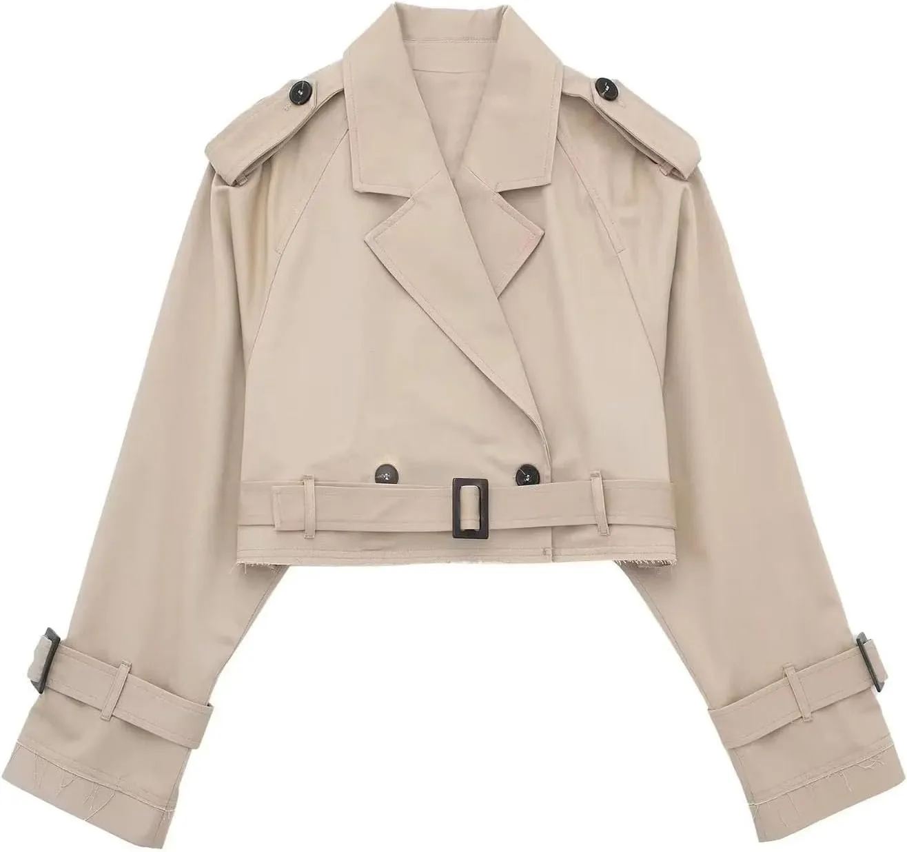 YRAETENM Cropped Trench Coat for Women Lightweight Lapel Double Breasted Short Jacket Belted Long Sleeve Fall Fashion Outwear