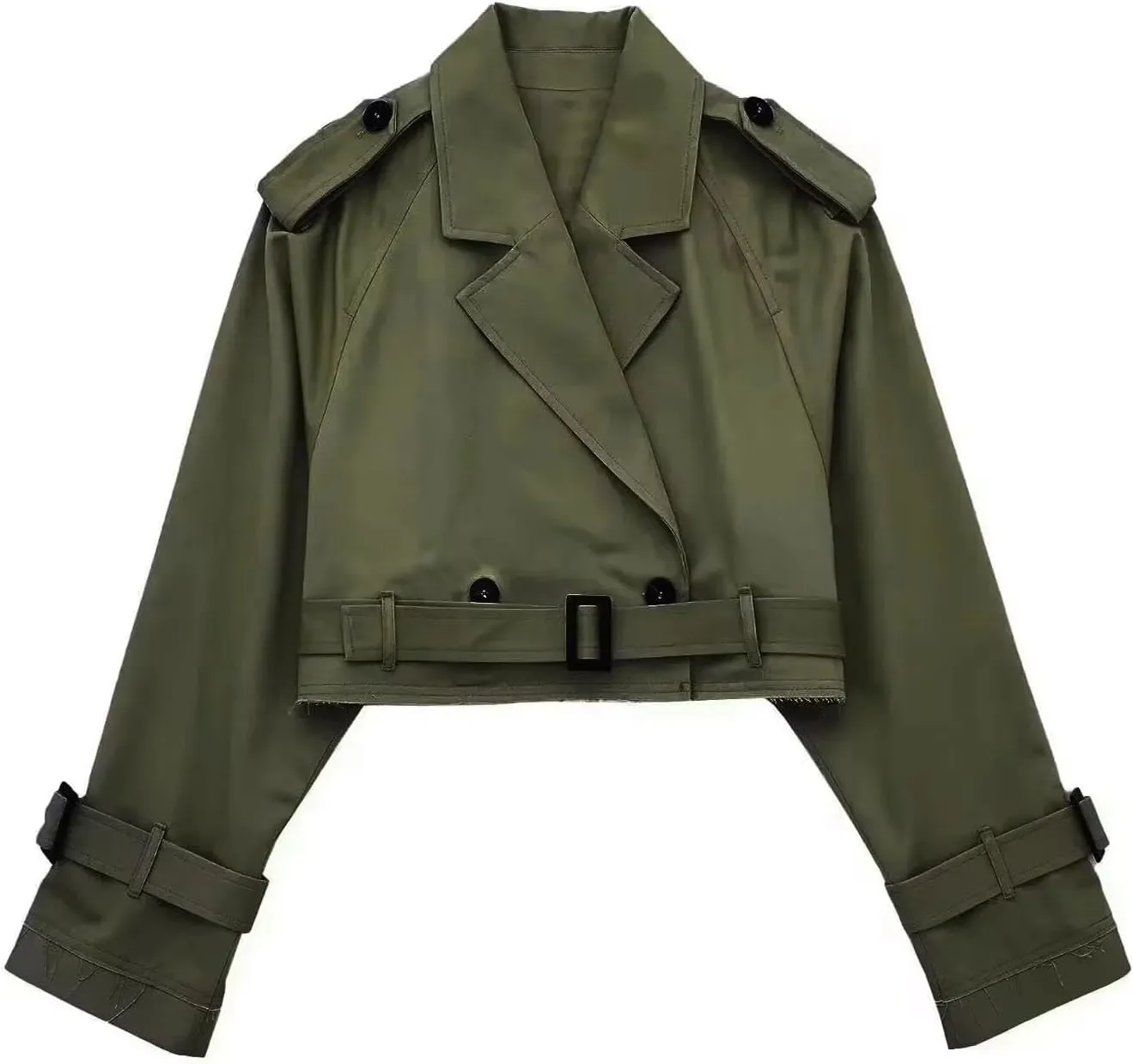 YRAETENM Cropped Trench Coat for Women Lightweight Lapel Double Breasted Short Jacket Belted Long Sleeve Fall Fashion Outwear