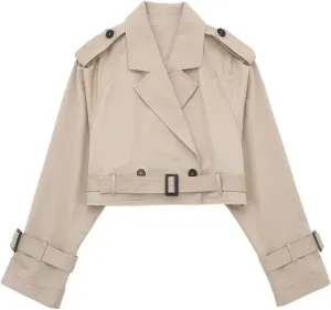 YRAETENM Cropped Trench Coat for Women Lightweight Lapel Double Breasted Short Jacket Belted Long Sleeve Fall Fashion Outwear