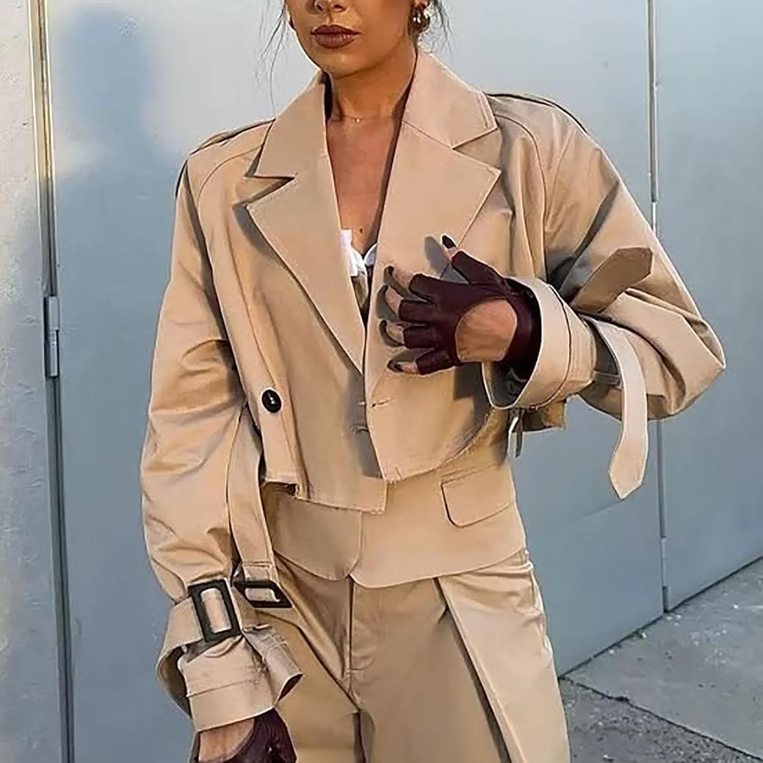 YRAETENM Cropped Trench Coat for Women Lightweight Lapel Double Breasted Short Jacket Belted Long Sleeve Fall Fashion Outwear
