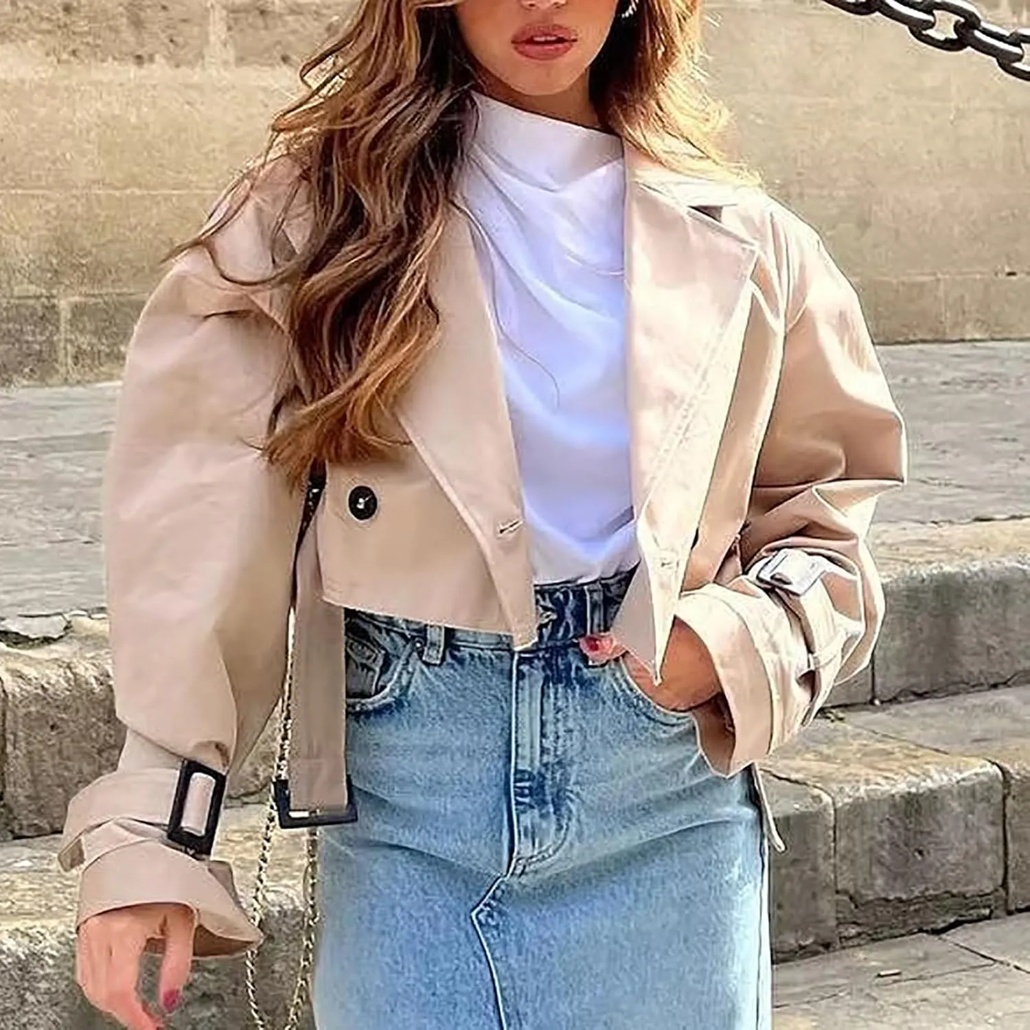 YRAETENM Cropped Trench Coat for Women Lightweight Lapel Double Breasted Short Jacket Belted Long Sleeve Fall Fashion Outwear