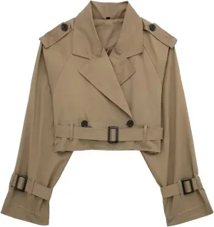 YRAETENM Cropped Trench Coat for Women Lightweight Lapel Double Breasted Short Jacket Belted Long Sleeve Fall Fashion Outwear