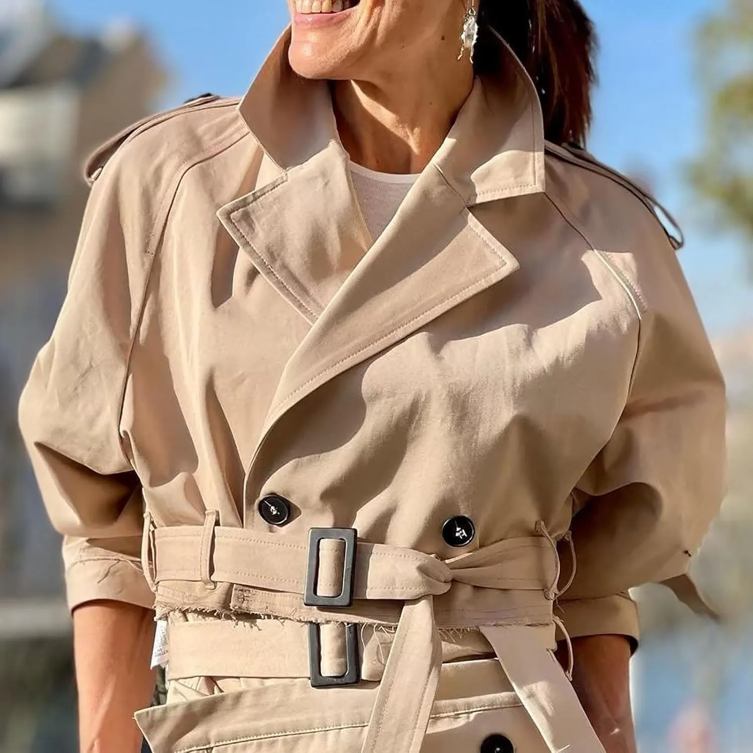 YRAETENM Cropped Trench Coat for Women Lightweight Lapel Double Breasted Short Jacket Belted Long Sleeve Fall Fashion Outwear