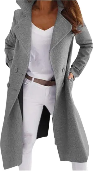 YRAETENM Pea Coats for Women Double Breasted Notched Lapel Winter Trench Coat Elegant Wool Blend over Coats Long Jackets