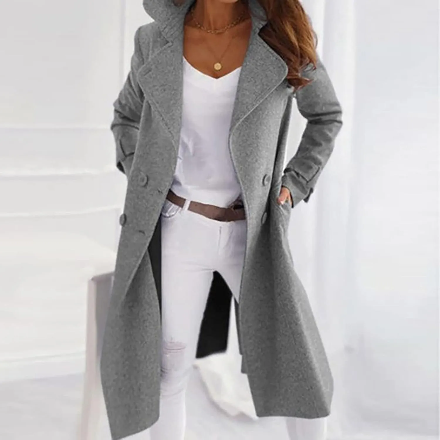 YRAETENM Pea Coats for Women Double Breasted Notched Lapel Winter Trench Coat Elegant Wool Blend over Coats Long Jackets