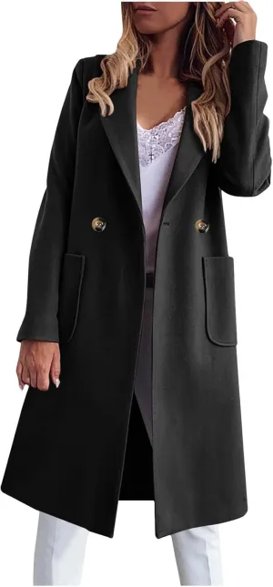 YRAETENM Trench Coat Women Double Breasted Winter Wool Blend Coats Casual Notch Lapel Midi Long Warm Pea Coat Long Jackets