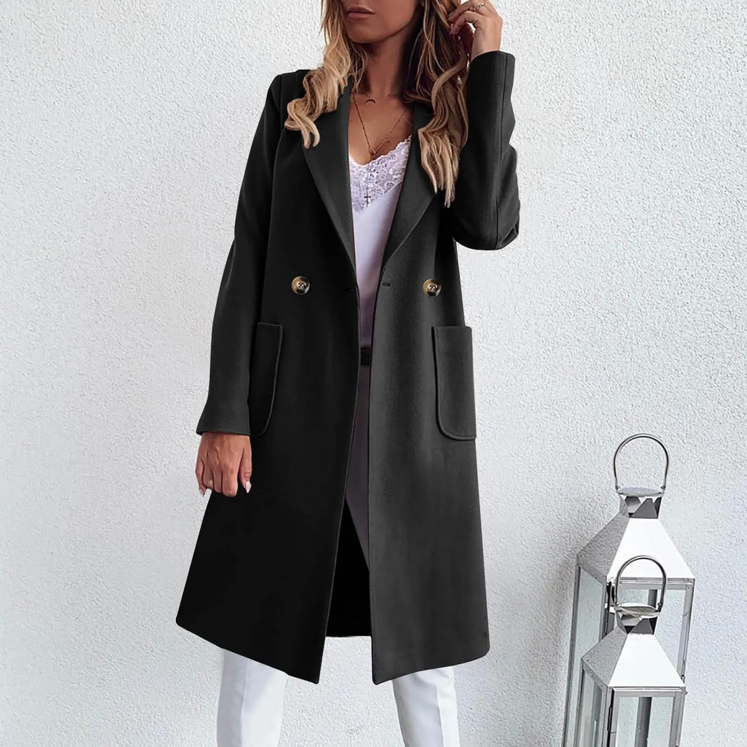 YRAETENM Trench Coat Women Double Breasted Winter Wool Blend Coats Casual Notch Lapel Midi Long Warm Pea Coat Long Jackets