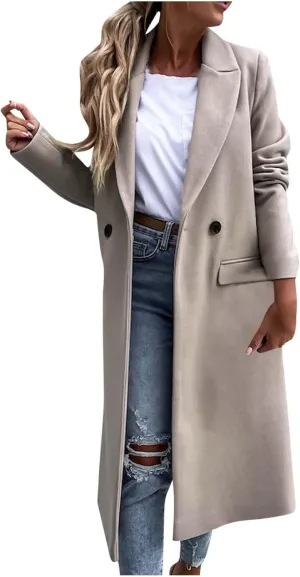 YRAETENM Trench Coat Women Oversized Notch Lapel Mid Long Wool Blend Coat Business Casual Fall Winter Pea Coat with Pockets