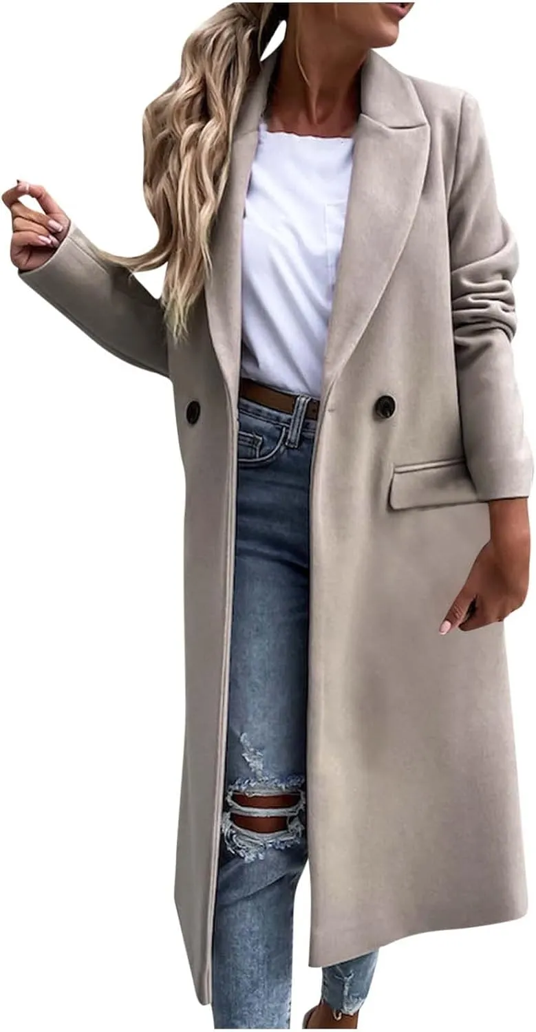 YRAETENM Trench Coat Women Oversized Notch Lapel Mid Long Wool Blend Coat Business Casual Fall Winter Pea Coat with Pockets