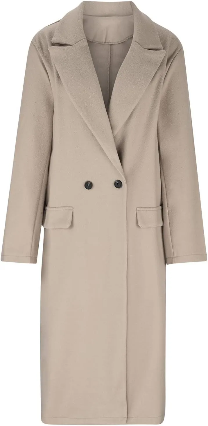 YRAETENM Trench Coat Women Oversized Notch Lapel Mid Long Wool Blend Coat Business Casual Fall Winter Pea Coat with Pockets