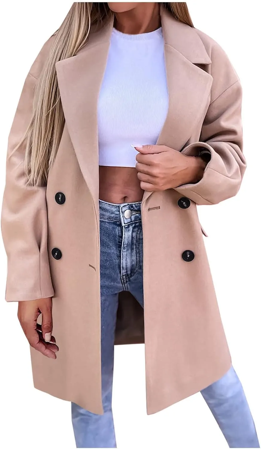 YRAETENM Trench Coat Women Winter Notched Lapel Double Breasted Jackets Casual Classic Long Pea Coat Wool Blend Overcoats