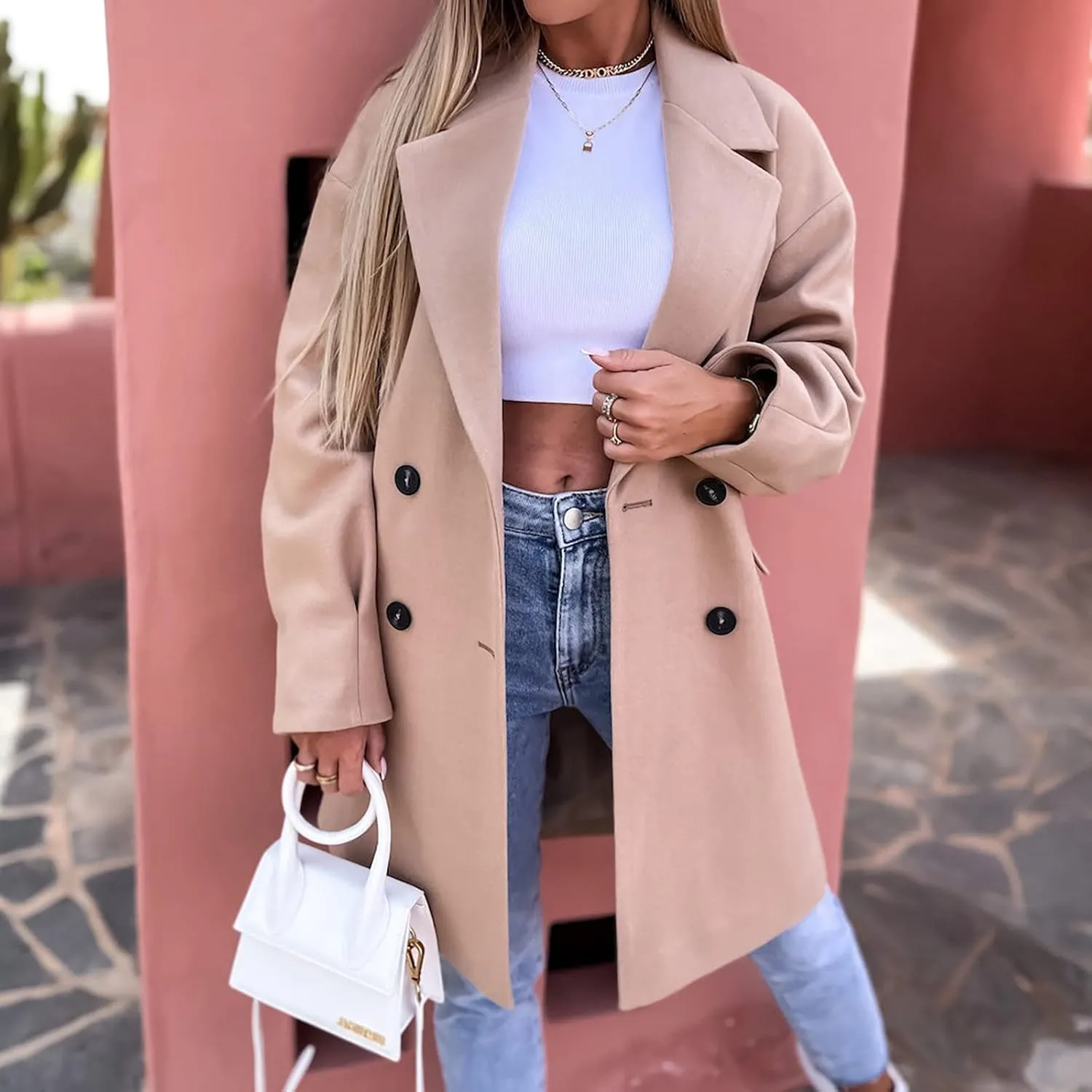 YRAETENM Trench Coat Women Winter Notched Lapel Double Breasted Jackets Casual Classic Long Pea Coat Wool Blend Overcoats