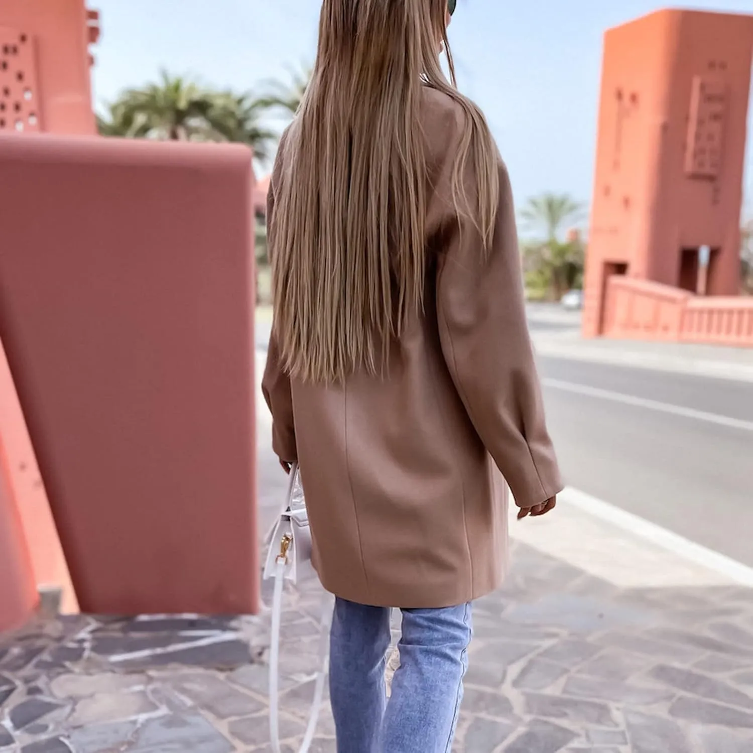 YRAETENM Trench Coat Women Winter Notched Lapel Double Breasted Jackets Casual Classic Long Pea Coat Wool Blend Overcoats