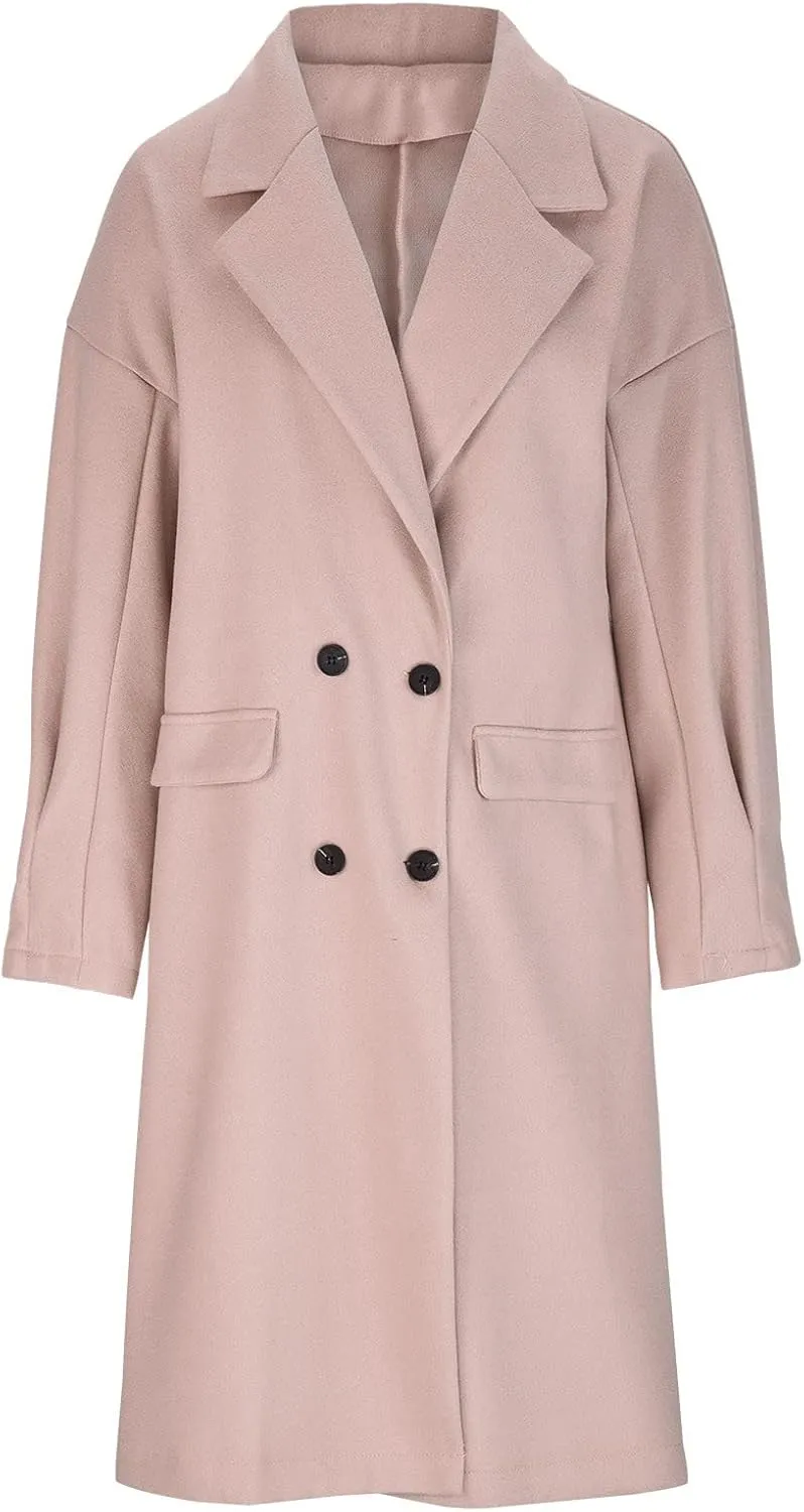 YRAETENM Trench Coat Women Winter Notched Lapel Double Breasted Jackets Casual Classic Long Pea Coat Wool Blend Overcoats