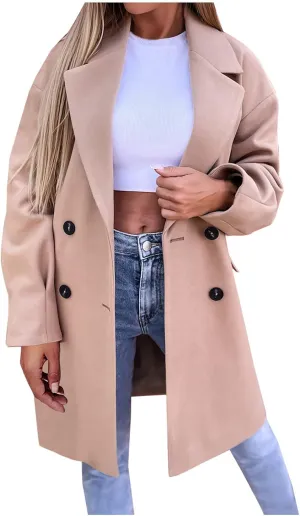YRAETENM Trench Coat Women Winter Notched Lapel Double Breasted Jackets Casual Classic Long Pea Coat Wool Blend Overcoats