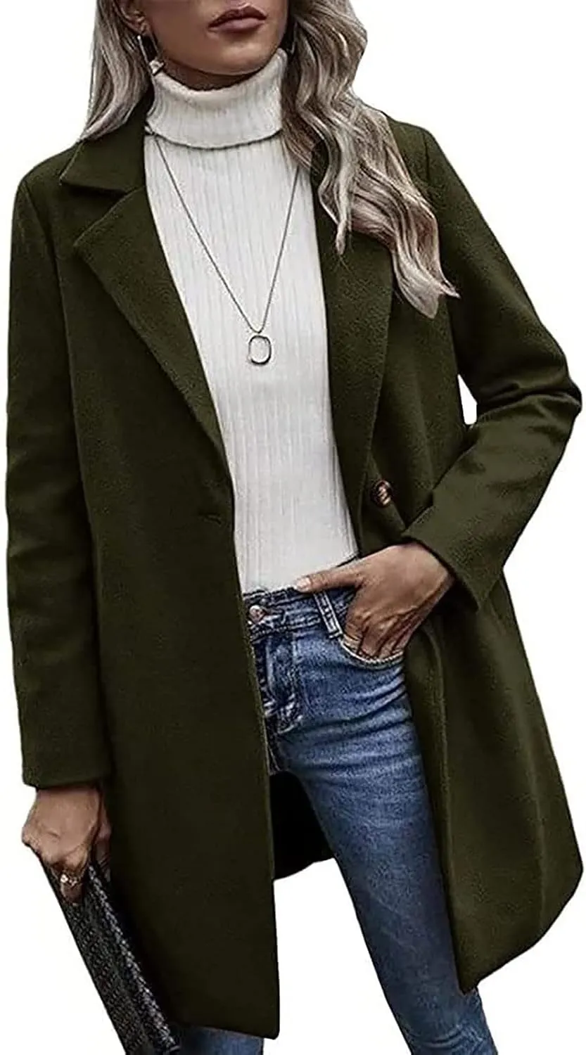 YRAETENM Trench Coats for Women Chic Notch Lapel One Button Mid Long Pea Coats Fall Winter Plus Size Warm Overcoat Outwear