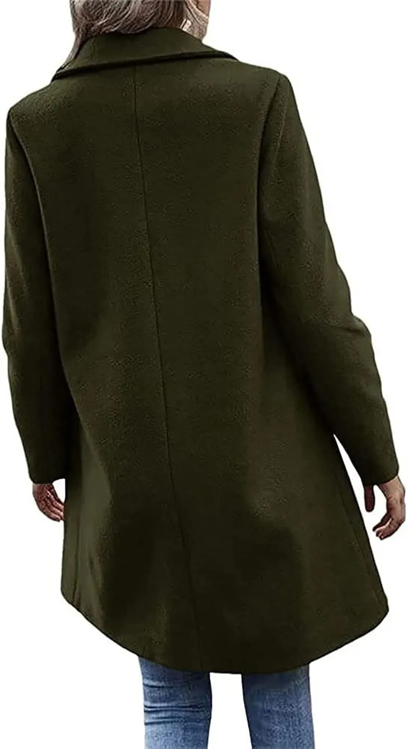 YRAETENM Trench Coats for Women Chic Notch Lapel One Button Mid Long Pea Coats Fall Winter Plus Size Warm Overcoat Outwear